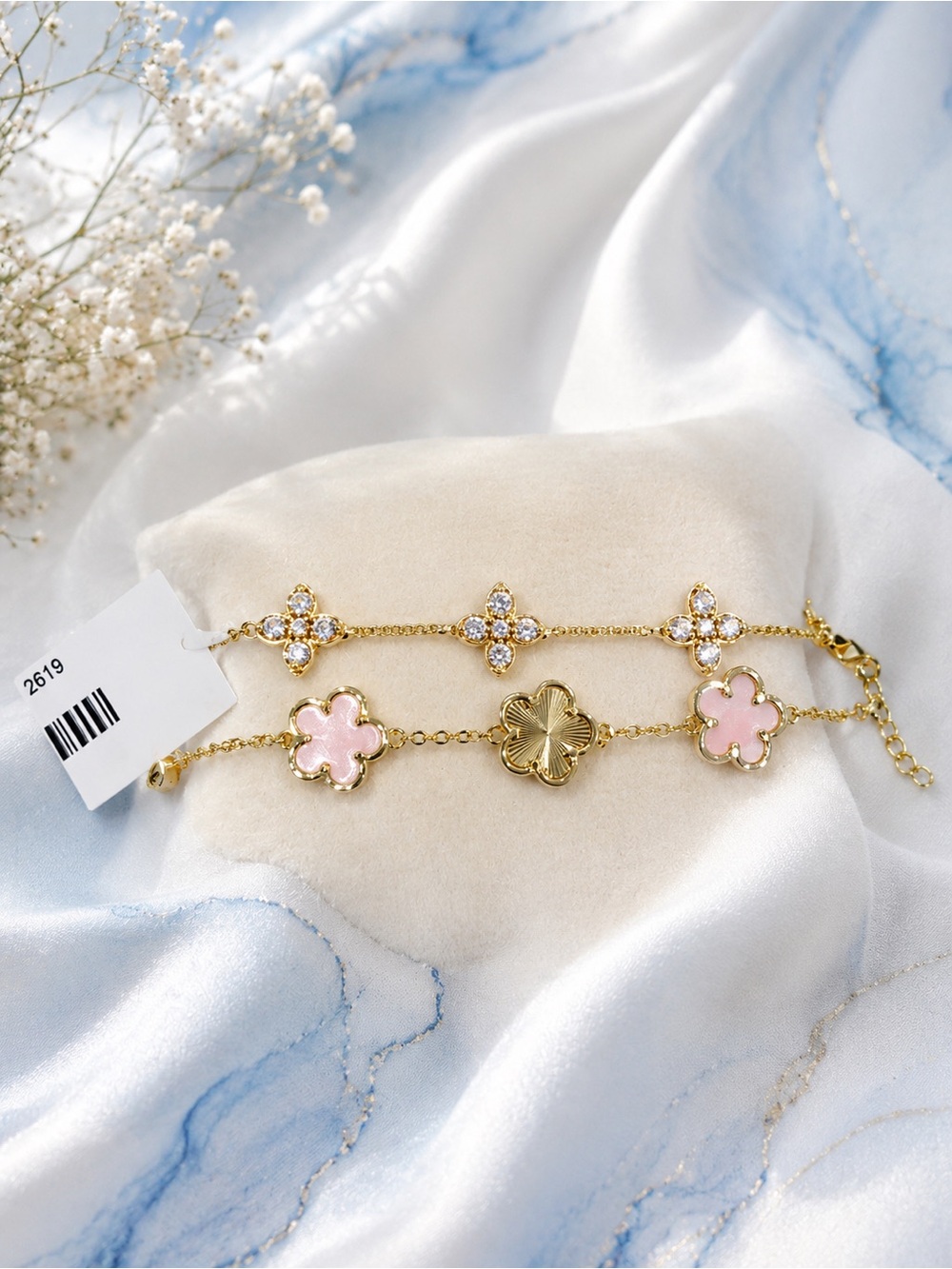 Gold-Tone Clover Bracelet Set with Pink Accents